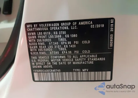2019 Volkswagen Atlas 3.6L V6 Se W/Technology z USA, uszkodzony, nr VIN 1V2UR2CA2KC545740